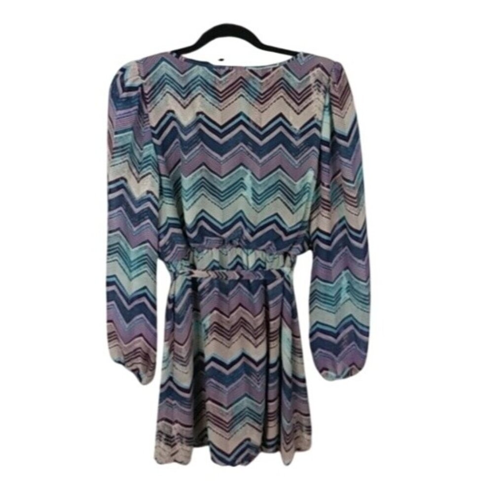 Speechless Chevron Print Long Sleeve Dress Multicolor Elastic Waist Tie Belt - Picture 2 of 4